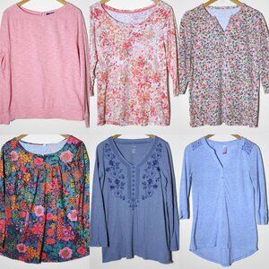 Lot of 6 Womens Floral Knit Tops Casual Cotton Long Sleeve Pink Blue Size M